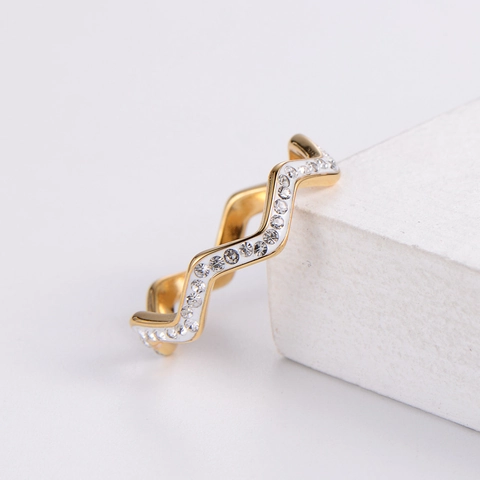 Wellenförmiger Edelstahlring Für Damen Minimalistisch 18K Vergoldet Strass Zirkon Eleganter Fingerschmuck