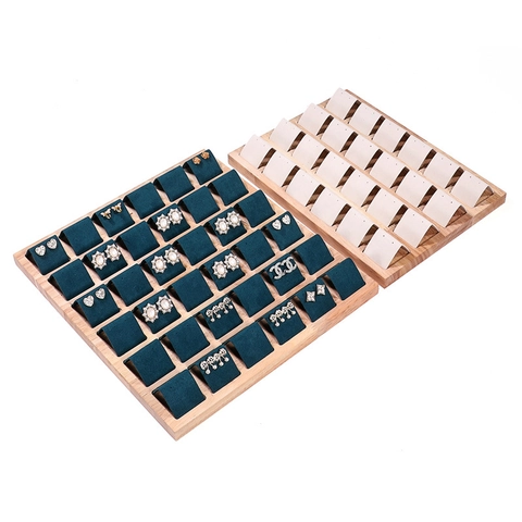 Earring Stud Display Tray Solid Wood Velvet Leather Jewelry Organizer Showcase Holder Multi Positions Rectangular