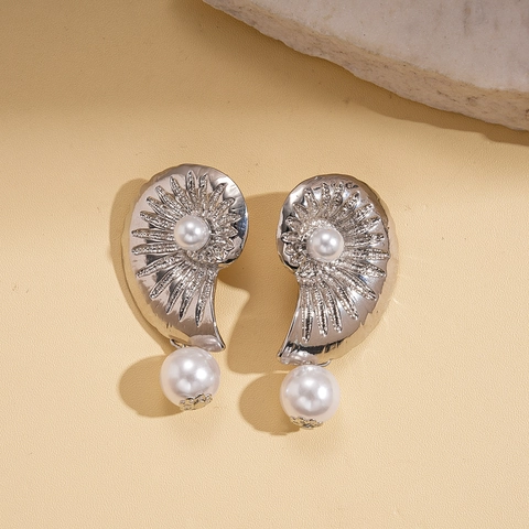 Retro Shell Conch Drop Earrings Alloy Imitation Artificial Pearl With Silver Earring Post Beach Vacation Elegant Jewelry For Women