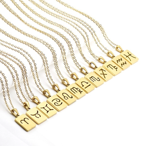 Collar Con Colgante De Signo Del Zodiaco Acero Inoxidable Chapado En Oro De 18K Cuadrado Hueco Joyería Para Mujeres Hombres