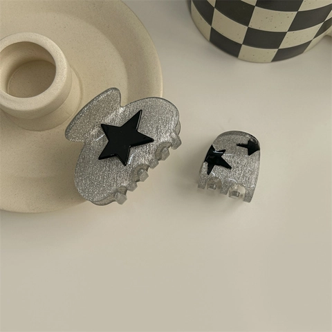 Pince à Cheveux Étoile Argentée Pailletée Style Y2K pour Femme Pince Requin Pentagramme Noir Accessoires Cheveux Trendy Cool Girl