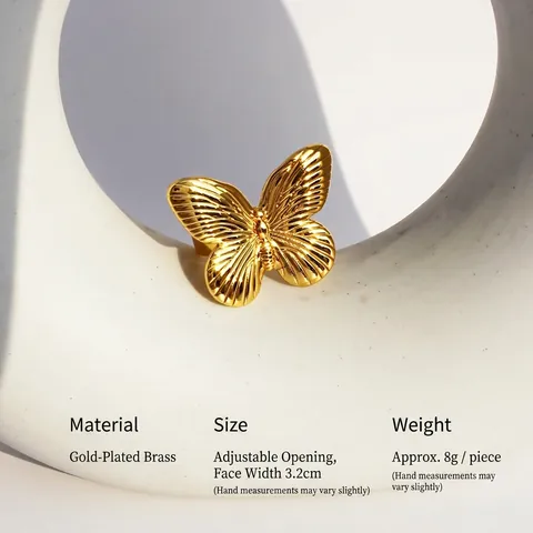Vintage 3D Oversized Butterfly Open Adjustable Ring For Women Brass Gold Plated Niche Design Statement Finger Ring Jewelry