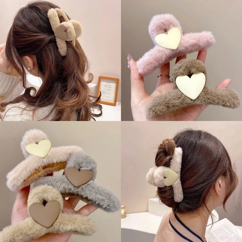 Plüsch Haarklammer Herz Dekor Flauschige Shark Clip Herbst Winter Haarschmuck Für Frauen