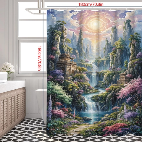 Fantasie Landschaft Bedruckter Duschvorhang Wasserdicht Polyester Gewebe Mit Haken Badezimmer Dekor Orientalischen Wasserfall