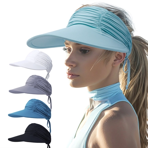 Sun Visor Hat Ruched Empty Top Adjustable Tie Wide Brim Breathable Outdoor Beach Ponytail Friendly Nylon For Women