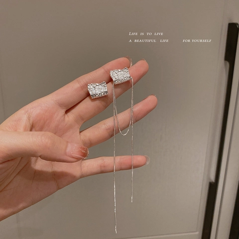 Asymmetric Irregular Texture Square Alloy Earrings With 925 Sterling Silver Earring Post Long Tassel Minimalist Style