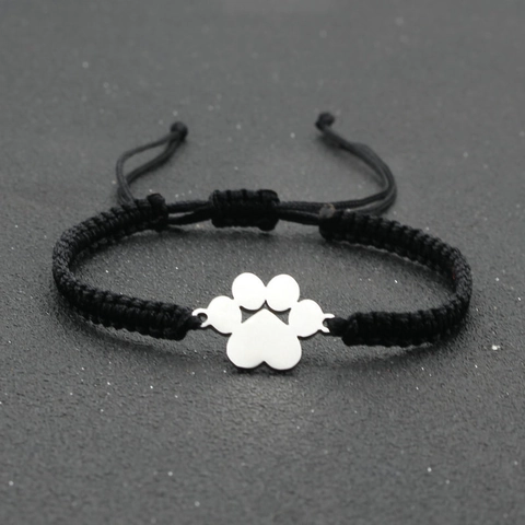 Handmade Woven Bracelet Stainless Steel Paw Print Charm Adjustable Lucky Rope Minimalist Animal Footprint Jewelry For Unisex