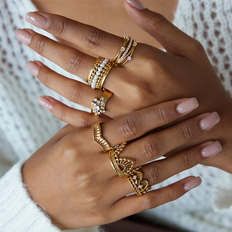 Anelli In Acciaio Inossidabile Da Donna Placcati In Oro Zircone Perla Artificial Corona Pizzo Impermeabile Ipoallergenico Gioielli