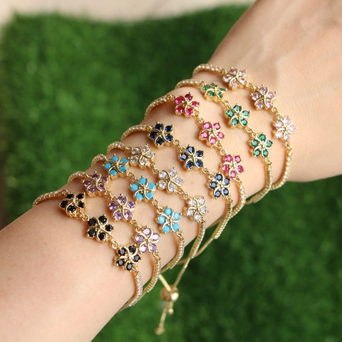 Elegante Bracciale Bolo A Fiori Rame Placcato Oro Zirconia Chiusura Scorrevole Regolabile Gioielli Per Donna