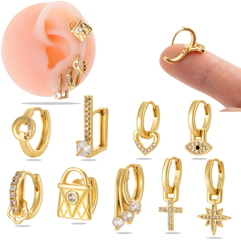 Orecchini Huggie In Rame Con Zirconi Cuore Croce Malocchio Per Donna Gioielli Piercing Placcati In Oro