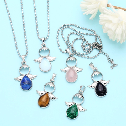 Vintage Angel Wing Pendant Necklace Copper Crystal Natural Stone Aesthetic Healing Jewelry Gift For Women