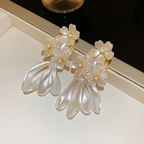 Floral Tassel Drop Earrings Resin Faux Artificial Pearl Zircon Copper And 925 Sterling Silver Earring Post Elegant Jewelry For Women