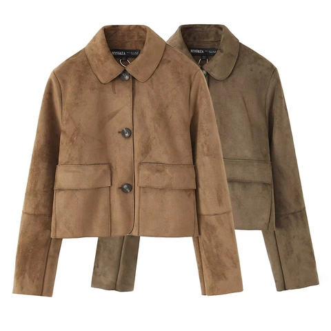 Women Short Faux Suede Jacket Lapel Single Breasted Solid Color Casual Outerwear Long Sleeve Coat With Flap Pockets