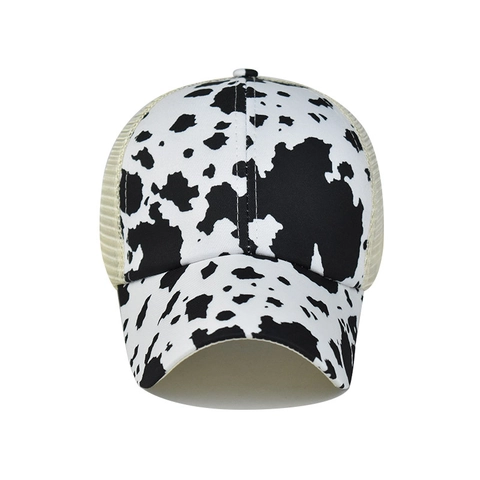 Ponytail Baseball Cap Women Cotton Mesh Cow Print Crisscross Back Adjustable Breathable Outdoor Sun Hat