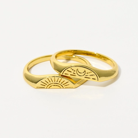 Anelli In Rame Incisi Sole E Luna Placcati Oro 14k Vintage Bohemien Geometrico Gioielli Per Donne Uomini