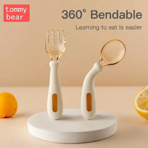 Fourchette Et Cuillère Bébé PPSU Pliable Silicone Ustensiles Apprentissage Flexibles Pour Auto-Alimentation Avec Rangement Portable