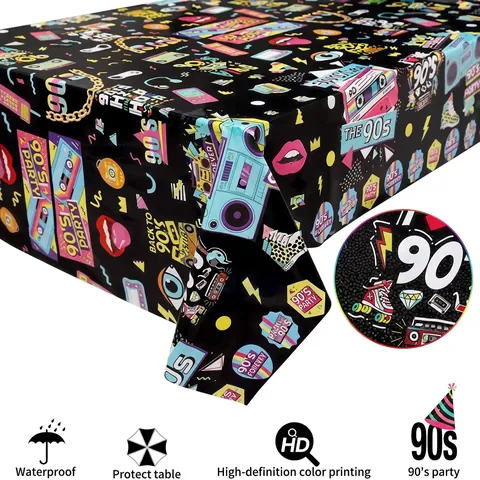 Mantel Desechable De Plástico Disco Retro Impermeable Rectangular Estampado Radio Cinta Neón Para Decoración De Fiesta Cumpleaños
