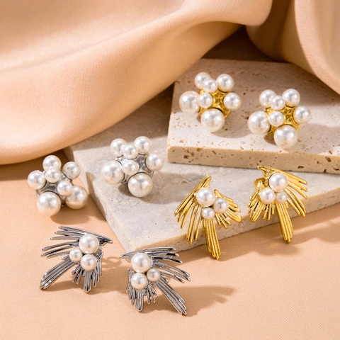 Orecchini In Acciaio Inossidabile Con Künstliche Perle Retro Francesi Placcati Oro Grappolo Forma Di Ventaglio Gioielli Eleganti