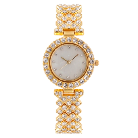 Fashion Luxury Women Quartz Watch Metal Strap Full Rhinestone Mother Of Artificial Pearl Dial Elegant Ladies Wristwatch