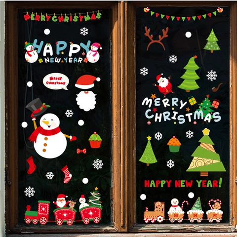 Christmas Window Stickers Static Clings PVC Reusable Santa Snowman Reindeer Decals For New Year Shop Glass Decoration