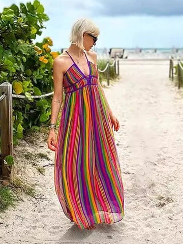 Dames Regenboog Strepen Maxi Jurk V Hals Halter Rugloos Boho Zomer Strand Vakantie Polyester Mouwloos Lang Gewaad