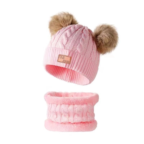 Kids Winter Knit Hat And Scarf Acrylic Cable Knit Double Pompom Beanie Fleece Lined Neck Warmer For Boys Girls Cute Accessory