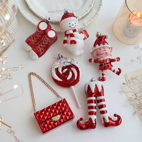 Addobbi per Albero di Natale Rosso Bianco Pendenti in Plastica Glitter Babbo Natale Pupazzo di Neve Lecca-lecca Elfo Scarpe Borsa