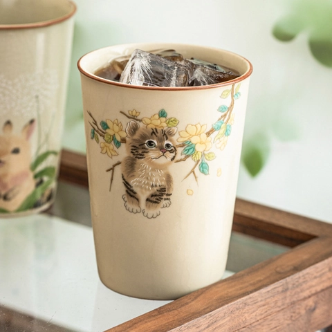 Keramikbecher Ru Kiln Eisprungglasur Handbemalte Katze Hase Blumen Design Retro Chinesischer Stil Trinkgefäß Für Büro