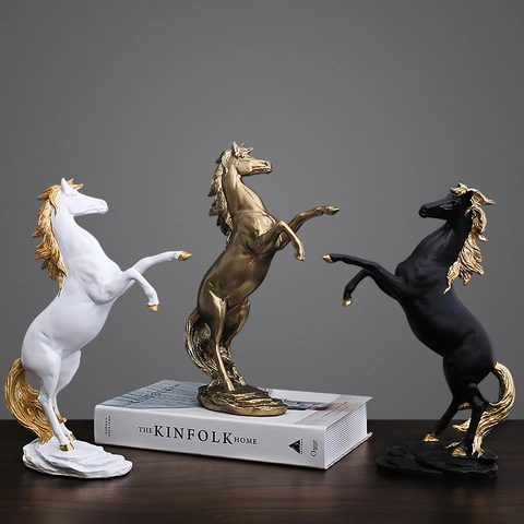 Rearing Horse Statue Resin Modern Horse Figurine With Gold Details For Living Room Office Desktop Home Decor Light Luxury