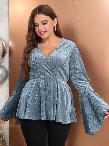 Plus Size Dames V Hals Flare Lange Mouwen Top Metallic Golfstructuur Peplum Zoom Elegante Afslankende Blouse
