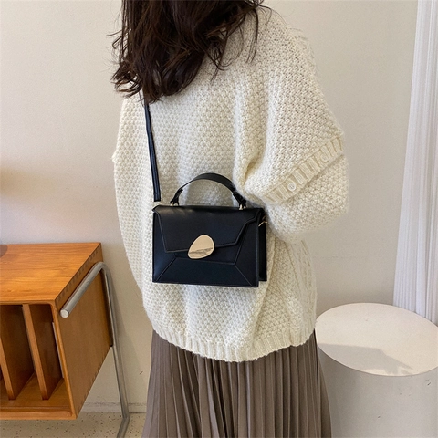 PU Leather Shoulder Crossbody Bag Women Color Block Small Square Handbag With Metal Buckle Korean Style Casual Trendy