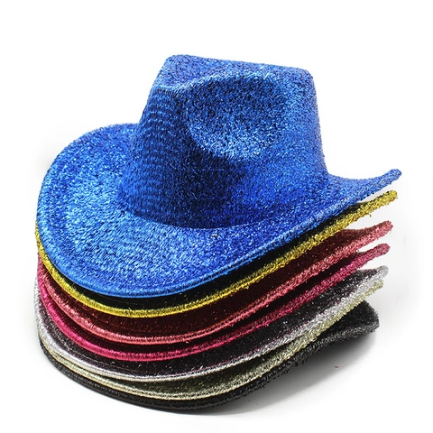 Glitter Western Cowboy Hat Shiny Metallic Sequin Fedora Wide Brim For Party Festival Stage Performance Unisex Accessory