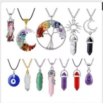 Natural Stone Hexagonal Column Crystal Pendant Necklace Set Retro Bohemian Moon Sun Evil Eye Healing Jewelry For Women Men