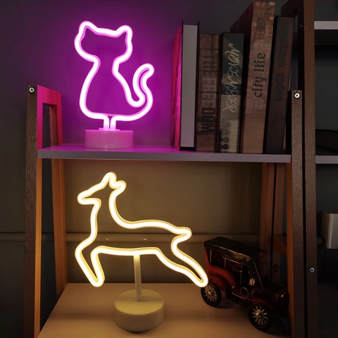 Lampe Néon LED Forme Animale Chat Cerf Avec Base Veilleuse Bureau Alimentée Par Batterie USB Décoration Chambre Fête Vacances Plastique PC