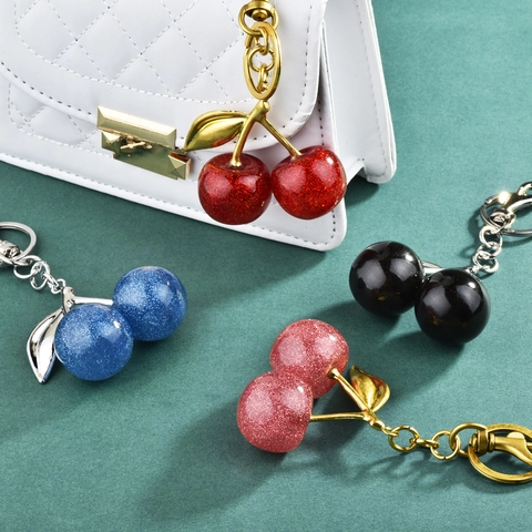 Decorative Cherry Keychain Fashion Glitter Resin Cherry Fruit Pendant Alloy Metal Leaf Bag Charm Accessory For Women