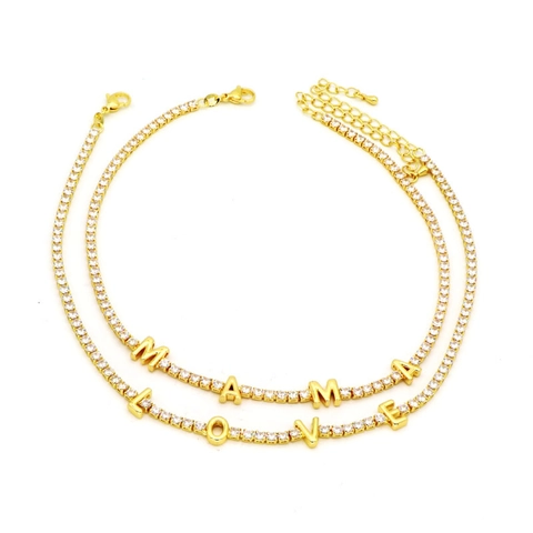 Copper 18K Gold Plated Cubic Zirconia Tennis Necklace Bracelet For Women With MAMA LOVE Letter Charm Adjustable Elegant Jewelry