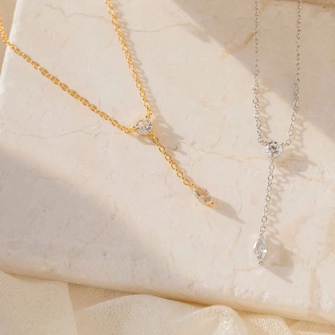 Collana A Forma Di Y Argento Sterling 925 Placcato Oro 14 Carati Ciondolo Goccia Zirconia Rotonda E Marquise Minimalista Donna