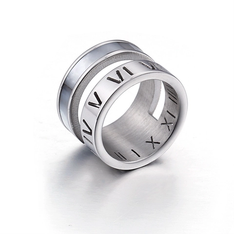 Anillo De Acero Inoxidable Para Mujer Con Grabado De Números Romanos E Incrustaciones De Concha Diseño De Doble Capa Joyas De Tendencia