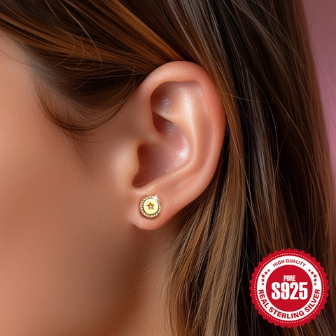 S925 Sterling Silver Stud Earrings For Women Geometric Round Heart Flower Zirconia Gold Platinum Plated Minimalist Commuter Earrings Jewelry