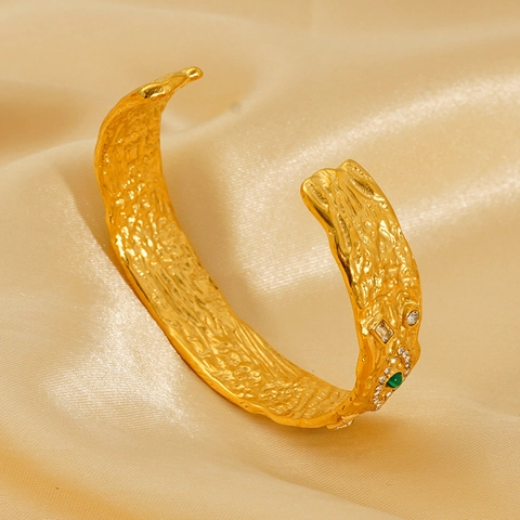 Vintage Evil Eye Malachite Cuff Bangle Bracelet For Women 18K Gold Plated Stainless Steel Hammered Texture