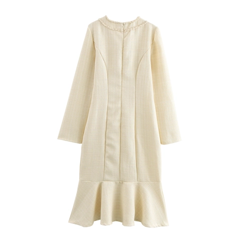 Elegantes Tweed Kleid Langarm Rundhals Goldene Knöpfe Meerjungfrau Saum Französischer Stil Damen Midi Kleid Elfenbein