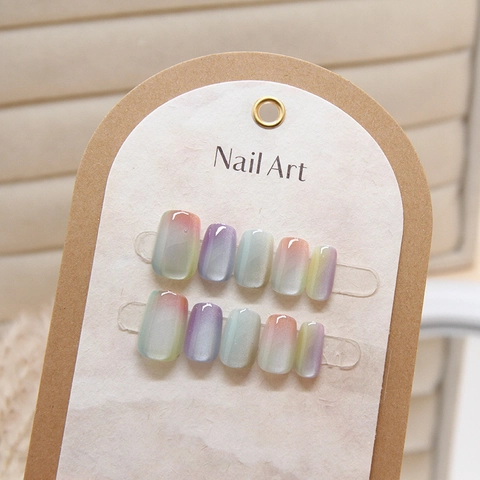 Uñas Postizas Cat Eye Degradado Cuadradas Cortas Color Macaron Pintadas A Mano Plástico ABS Para Mujeres Chic