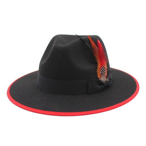 Vintage Fedora Hat Felt With Feather Ribbon Bow Contrast Trim Wide Brim Jazz Cap British Style Men Women