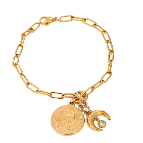 18K Vergoldetes Edelstahl Gliederkette Armband Mit Zirkon Mond Und Münz Anhängern Wasserdicht Minimalistisch