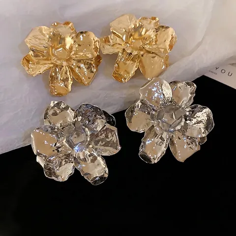 Large Flower Stud Earrings With Textured Hammered Metal Wrinkled Petals And 925 Sterling Silver Earring Post For Women