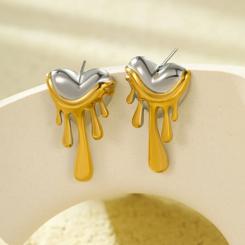 Mixed Metal Smeltend Hart Fluïde Oorknopjes 18K Verguld Roestvrij Staal Retro Exquise Mode Sieraden Voor Dames