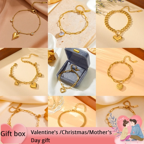 Stainless Steel Heart Bracelet For Women 18K Gold Plated Rhinestone Artificial Pearl Link Chain Bracelet Jewelry Gift
