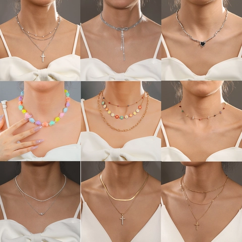Fashion Alloy Rhinestone Heart Pendant Necklace For Women Multi-layered Cross Butterfly Bow Choker Gold Silver Chain Jewelry