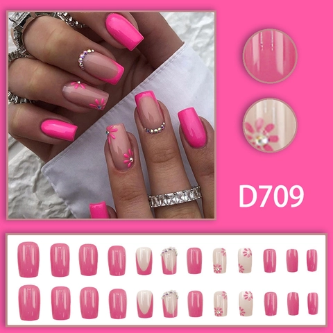Hot Pink Square Press On Nails With Rhinestone Flower French Style Glossy Finish Medium Length Fashion Artificial Nails