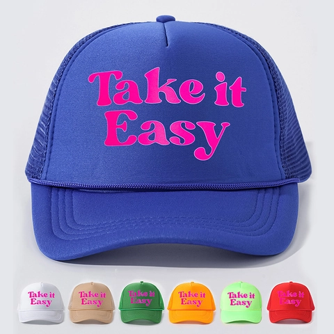 Casquette Trucker Mesh Cap Take It Easy Imprimé Lettres Ajustable Respirant Polyester Rétro Chapeau Soleil Extérieur
